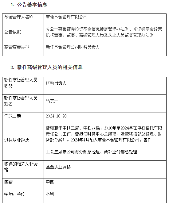 宝盈基金新任马东开为财务负责人-第1张图片-十倍杠杆-股票杠杆