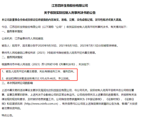 四环生物实控人陆克平犯内幕交易罪，被判处有期徒刑三年缓刑四年、没收违法所得2.32亿元-第1张图片-十倍杠杆-股票杠杆