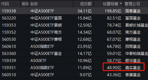 聚焦A500基金大战：嘉实中证A500ETF规模48.9亿元，位居同类倒数第二名，仅比成立3年的泰康基金强点儿-第1张图片-十倍杠杆-股票杠杆