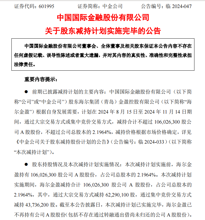 二股东海尔金盈清仓减持中金公司，历时两年套现143亿-第1张图片-十倍杠杆-股票杠杆