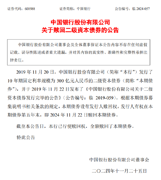 中国银行：全额赎回300亿元二级资本债券-第1张图片-十倍杠杆-股票杠杆