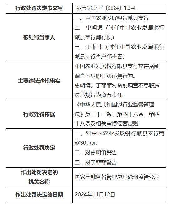 中国农业发展银行献县支行被罚30万元：因贷前调查不尽职-第1张图片-十倍杠杆-股票杠杆