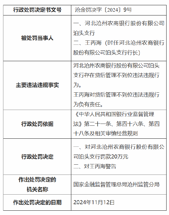 河北沧州农商银行泊头支行被罚20万元：因贷后管理不到位-第1张图片-十倍杠杆-股票杠杆