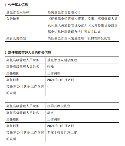 嘉实基金高管变更：副总经理张峰、机构首席投资官郭杰离任-第1张图片-十倍杠杆-股票杠杆